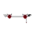 Macro shot of silver nipple ring with red heart gems, angel and bat wings design - Angel Devil Wings Heart Nipple Ring