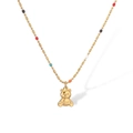 Detail of gold beaded necklace with a teddy bear pendant featuring TEDDY engraving - Gold Bear with Colored Beads