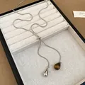 Collier ajustable chaîne serpent avec pendentifs goutte d'eau en oeil de tigre et argent - Argent-Oeil de Tigre
