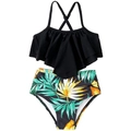 Maillot de bain deux pièces fille avec haut à volants noir et bas à imprimé tropical - 152 / Haut Noir + Bas à Feuilles Jaunes