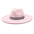 Detail of pink wide brim fedora hat featuring a stylish black and white striped ribbon band - M (56-58cm) / Pink