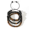 Men's 4-piece bead bracelet set with natural tiger eye, lava rock and matte black stones - Lava Stone Tiger Eye 4-Piece Bracelet Set (B-S24081601A)