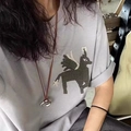 Dark gray mini bag necklace with knit crochet winged horse patch on a casual cotton t-shirt - 30# Necklace-Silver-Coffee