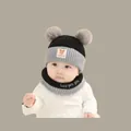 Toddler winter knit hat and scarf set in grey and black with cute bear ears - Best Friends Set Black (2 Months - 2 Years)