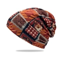 Ethnic print slouchy beanie hat with geometric patterns in red and black shades - Orange Red with Waffle Pattern