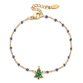 Detail of gold stainless steel bracelet with blue beads and a green enamel Christmas tree - Blue