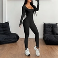Tuta da yoga nera a maniche lunghe da donna con scollo a U in tessuto elastico - S / Nero