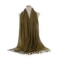 Detail shot of army green cashmere-style scarf fringe and woven Cashmere label - Army Green