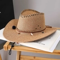 Classic men's western straw cowboy hat with decorative band and adjustable chin strap - Adult (55-60cm) / Khaki