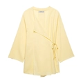 Women light yellow linen wrap kimono top and wide leg pants two piece set in flat lay - XS / Tops / Yellow
