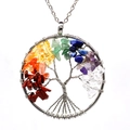 Detail of silver wire wrapped life tree pendant with colorful natural chakra stone beads - Rainbow