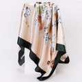Detail of silk-texture square scarf featuring vintage floral print and dark green satin border - 90x90cm / Army Green (D9029)