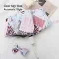 Sky blue automatic tri-fold umbrella with vintage newspaper collage print and bow - Special Automatic Style / Sky Blue