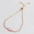 Detail of pink evil eye bracelet in gold finish with slider clasp and sparkling zircons - Pink
