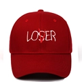 Close-up of LOSER text embroidery with red V overlay on burgundy rock baseball cap - Adjustable / Burgundy