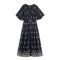 Elegante marineblauwe geborduurde maxi-jurk met V-hals, pofmouwen en een riem met gesp - XS / Donkerblauw