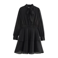French style black chiffon long sleeve dress with bow-tie neck and pleated skirt - XS / Black