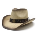 Cappello da cowboy estivo in paglia a tesa larga con fascia in pelle e protezione solare - M (56-58cm) / Gradiente Beige Marrone