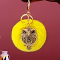 Sparkling yellow rhinestone owl keychain with plush ball pendant for bags and car keys - A430 Owl T Yellow Plush Ball