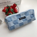 Detail of blue denim checkerboard pencil case with merci paris woven label and white zipper - Denim Blue Checkerboard (Small)
