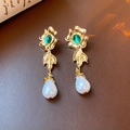 Vintage gold flower earrings with green gemstone and white teardrop pearl drops - Golden Flower Green Gemstone Pearl (HE10143)