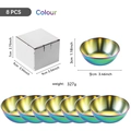 Set of 8 rainbow stainless steel condiment bowls with dimensions and 327g weight info - Rainbow Large 8PCS