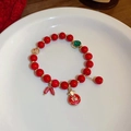 Red beaded bracelet with gold accents and lucky fortune bag pendant on a white plate - 19# Red Agate Fu Character Fortune Bag Pendant
