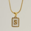 Golden stainless steel snake chain necklace with square mother of pearl letter S pendant - Letter S