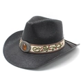Cappello da cowboy in paglia nera con ricami floreali e gemma ambrata decorativa - M (56-58cm) / Nero