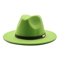 Detail of wool felt jazz hat in bright green featuring black leather band and metal buckle - M (56-58cm) / Fluorescent Green