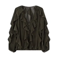Camicetta a balze con scollo a V verde scuro a maniche lunghe e tessuto in chiffon a strati - Verde Militare