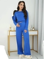 Detail view of the soft blue knit long-sleeve top and high-waist wide-leg lounge pants - S / Blue
