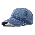 Macro view of acid washed blue denim texture on a six-panel vintage baseball cap - Washed Denim Blue