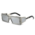 Steampunk rectangular sunglasses with silver metal frames and side shields for men - Silver Frame White Mirror Lens