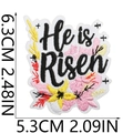 Detail view of He is Risen embroidered religious patch with precise size measurements - He is Risen