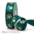 25-yard dark green satin ribbon with gold snowflake and Christmas tree prints - 2.5cmx25 Yards / Dark Green Snowman Style (G-1)