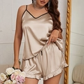 Completo pigiama da donna in raso oro champagne con canotta a V e pantaloncini - 3XL / Champagne