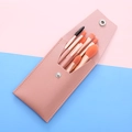 Portable 5-piece makeup brush set with pink leather storage pouch and rose gold handles - Coral Pink + PU Bag