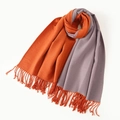 Double-sided scarf in orange and purple-gray with tassels and thick faux rabbit fur - Brick Red And Blue Gray