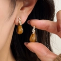 Vintage teardrop tiger eye earrings with zircon accents and gold plating for women - Silver Earring Post-Gold-Coffee