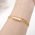 Dubbellaagse vergulde roestvrijstalen armband met witte zoetwaterparels voor vrouwen - Armband
