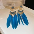 Detailed close-up of blue feather earrings with golden filigree hooks and vibrant textures - 24# Ear Hook - Blue Feather Bohemian