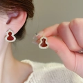 Close-up of red enamel gourd stud earring with gold plating and paved white zircons - 32# Red Gold - Pave Rhinestone Wulu (Silver Earring Post)