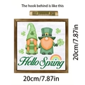 Hello Spring wooden gnome sign with rainbow and clover pattern in 20cm square frame - Wooden Frame Hanging Decor Hello Spring Gnome