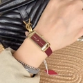 Elegant rectangle gold watch for women with red leather strap and minimalist dial - Rectangle