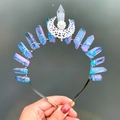 Detail of handmade iridescent crystal crown headband with silver crescent moon and pearl - Crown Hairband / Pale Blue