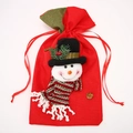 Red burlap Christmas gift bag with a 3D snowman character and a green drawstring - Snowman