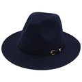 Detail of navy blue wool fedora hat featuring a black leather band and gold buckle accent - M (56-58cm) / Navy Blue (Black Leather Band)