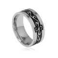 Men's vintage silver stainless steel ring with black dragon totem inlay on white background - Silver