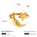 Detail view of gold star and moon ring with waterproof stainless steel specs and dimensions - Crescent Moon Star Style (NB-R24355-G)